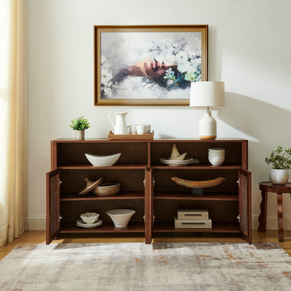 Walnut Rattan Sideboard Buffet Cabinet - 63" Storage