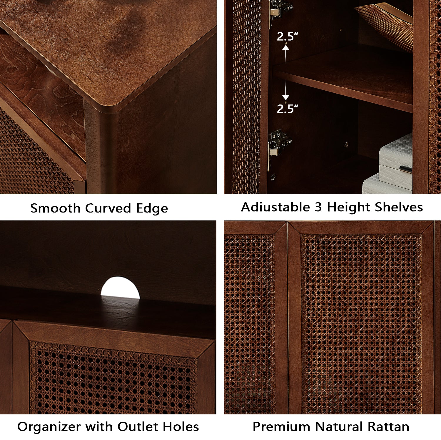 Walnut Rattan Sideboard Buffet Cabinet - 63" Storage