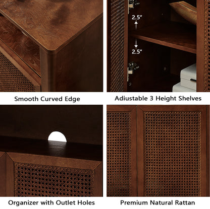 Walnut Rattan Sideboard Buffet Cabinet - 63" Storage