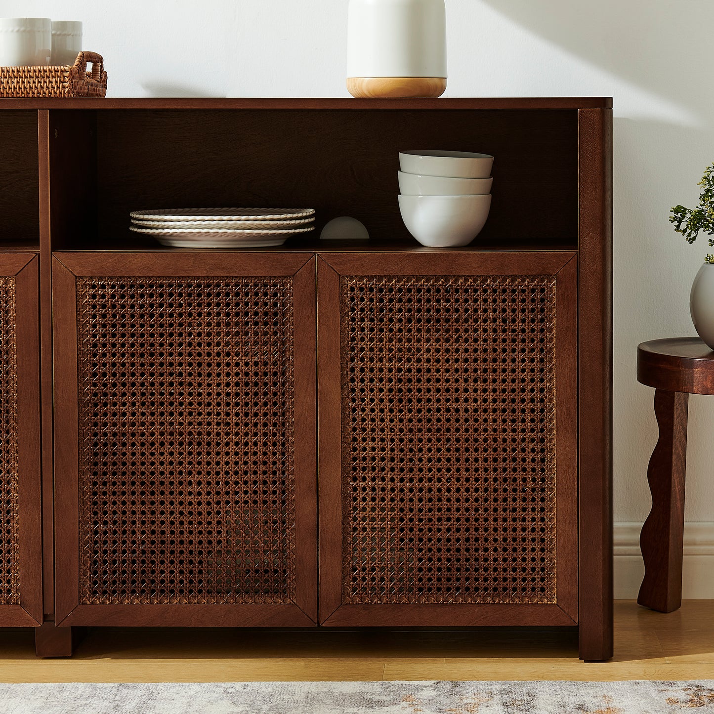 Walnut Rattan Sideboard Buffet Cabinet - 63" Storage