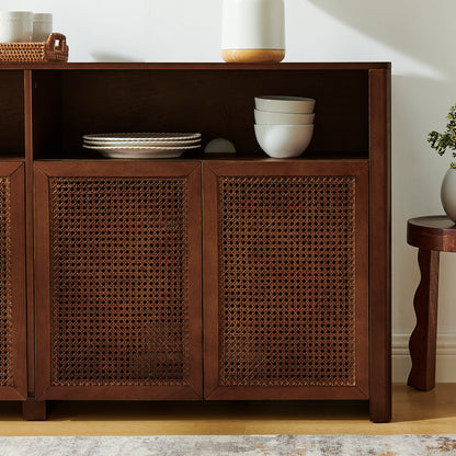 Walnut Rattan Sideboard Buffet Cabinet - 63" Storage