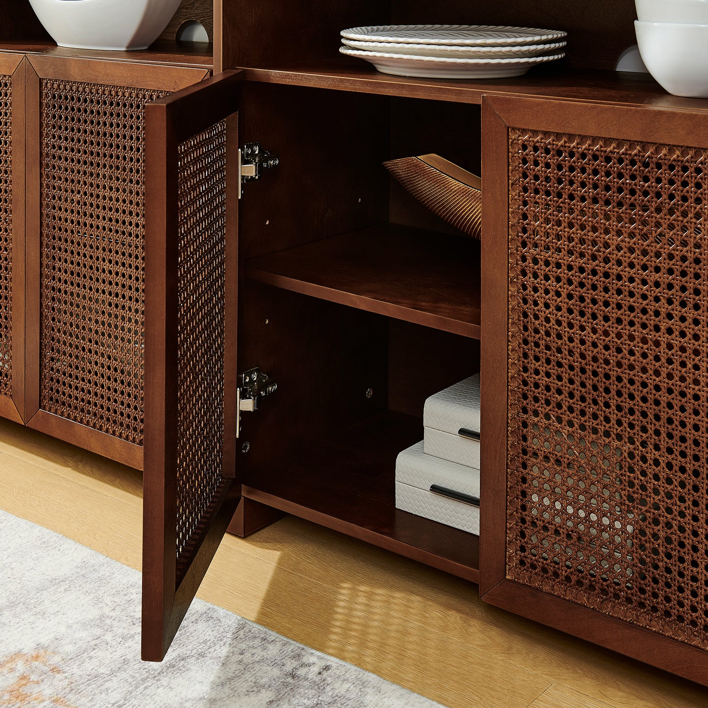 Walnut Rattan Sideboard Buffet Cabinet - 63" Storage