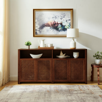 63" Mid Century Modern Rattan Sideboard Buffet Cabinet with Storage, Retro Coffee Bar Wine Bar Credenza, Large Media Console Table for Living Room/Entryway/Kitchen, Walnut