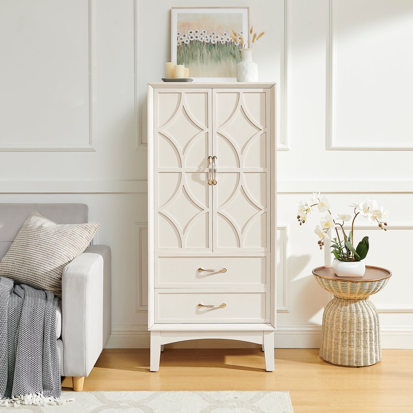 53.5" Tall Pantry Cabinet - Antique White Storage Sideboard for Living Room