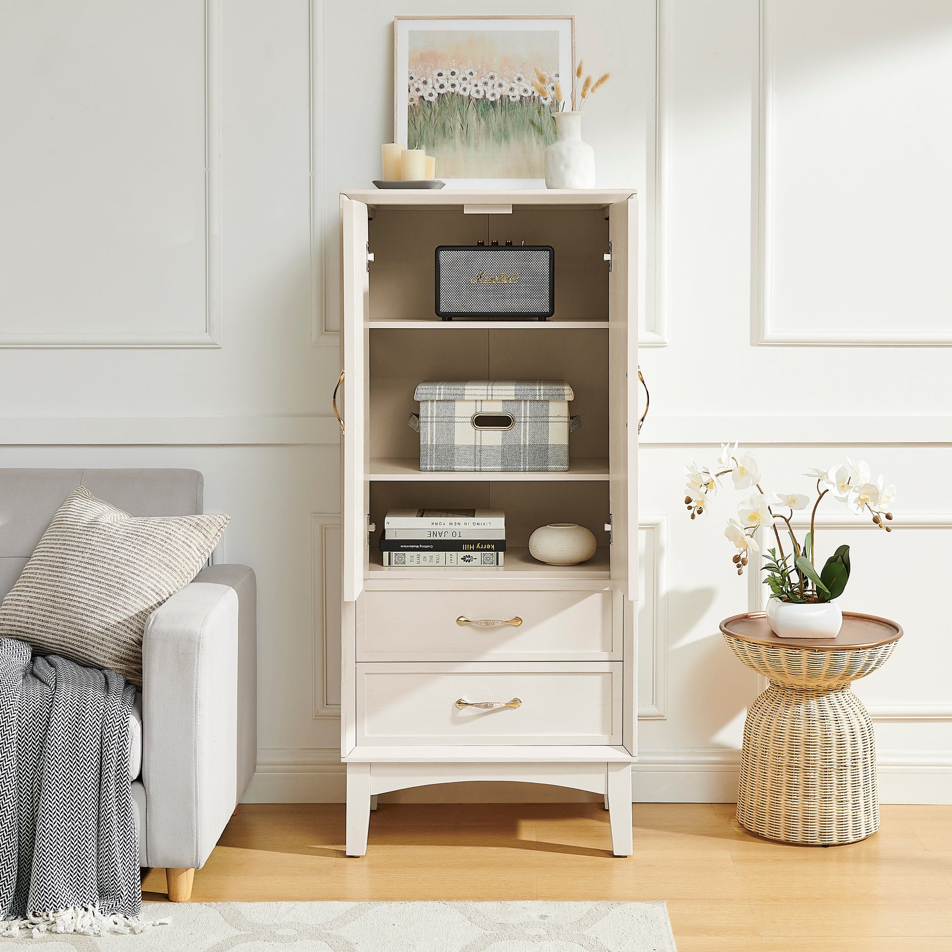 53.5" Tall Pantry Cabinet - Antique White Storage Sideboard for Living Room