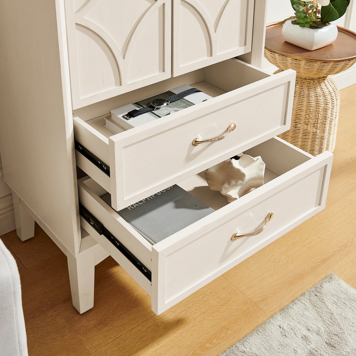 53.5" Tall Pantry Cabinet - Antique White Storage Sideboard for Living Room