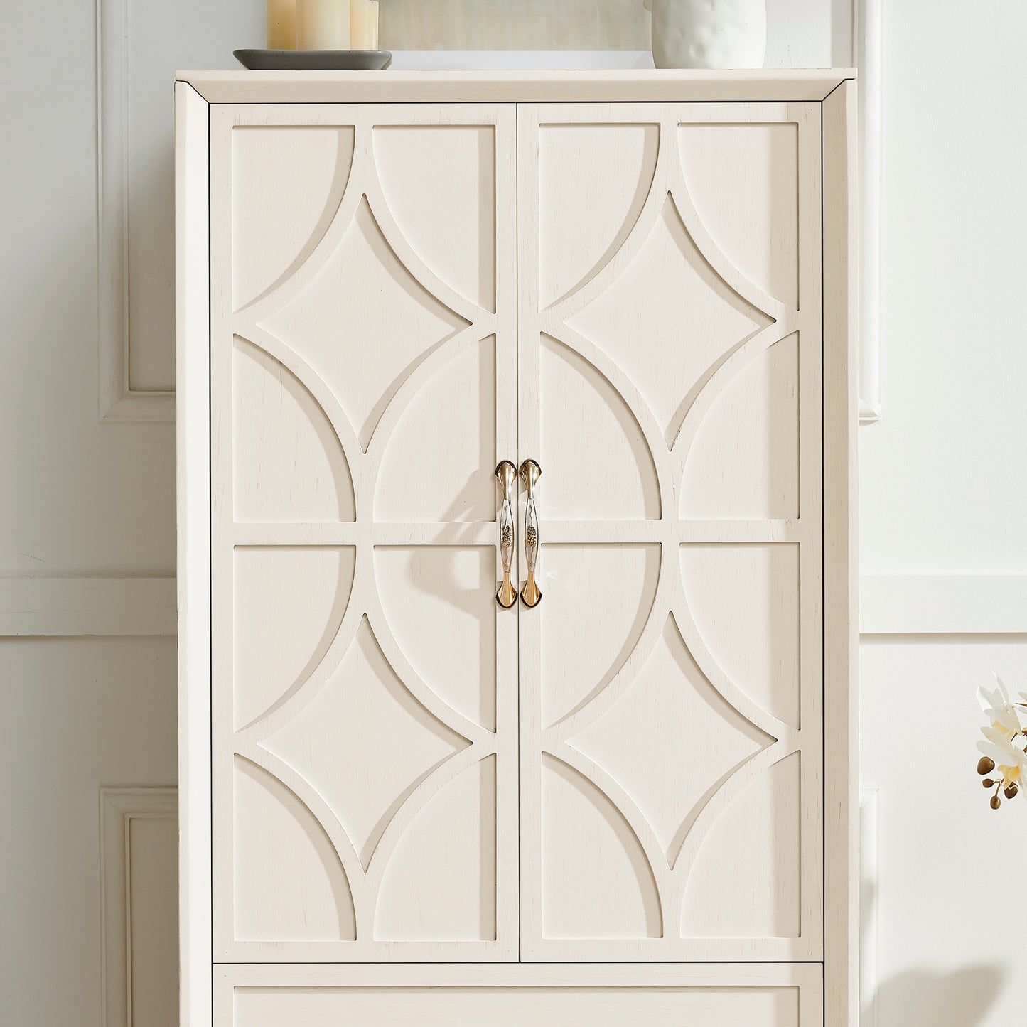 53.5" Tall Pantry Cabinet - Antique White Storage Sideboard for Living Room