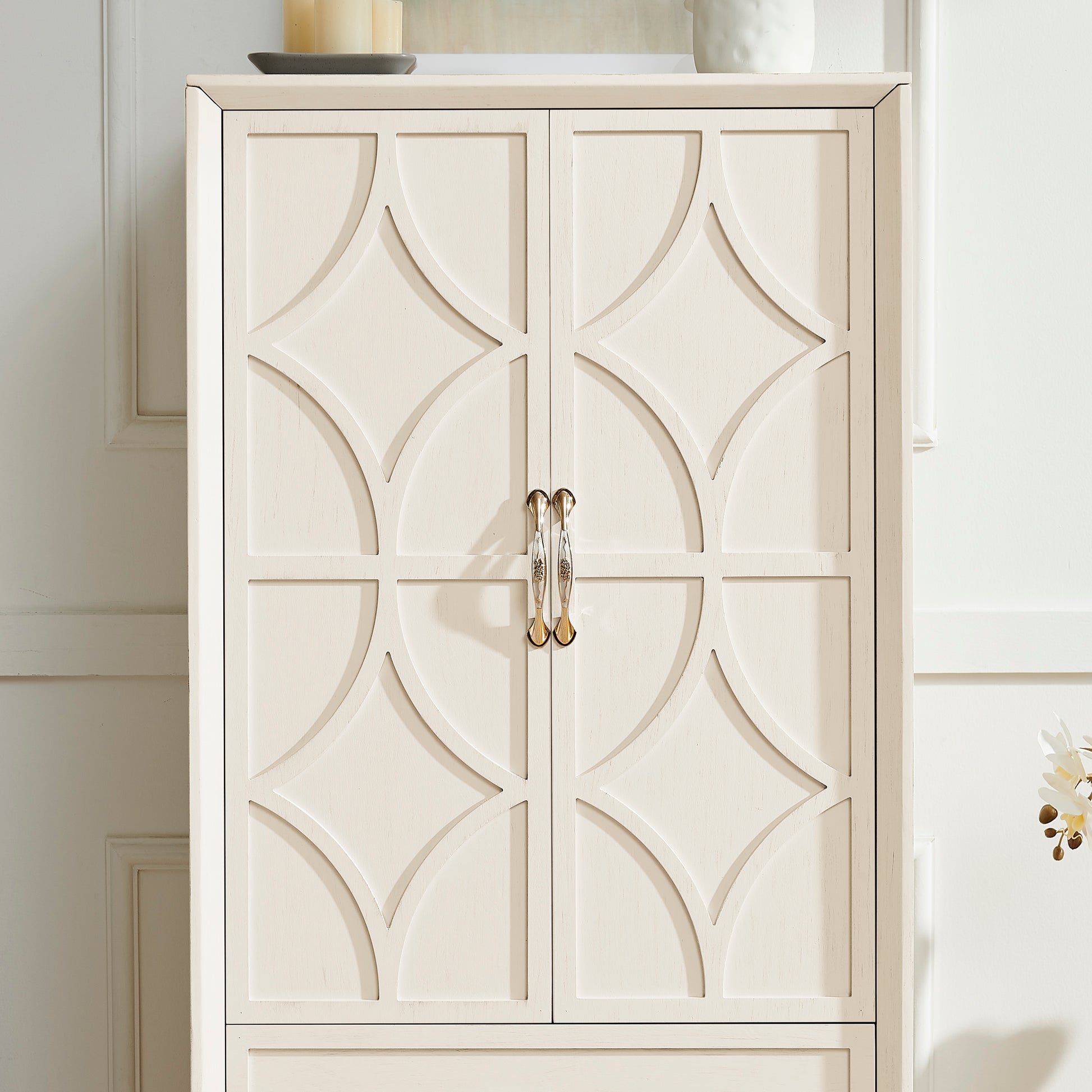 53.5" Tall Pantry Cabinet - Antique White Storage Sideboard for Living Room