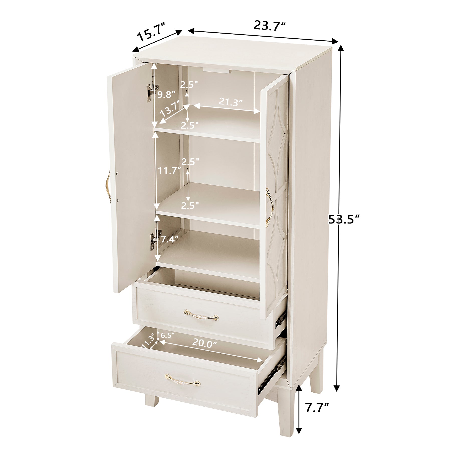53.5" Tall Pantry Cabinet - Antique White Storage Sideboard for Living Room