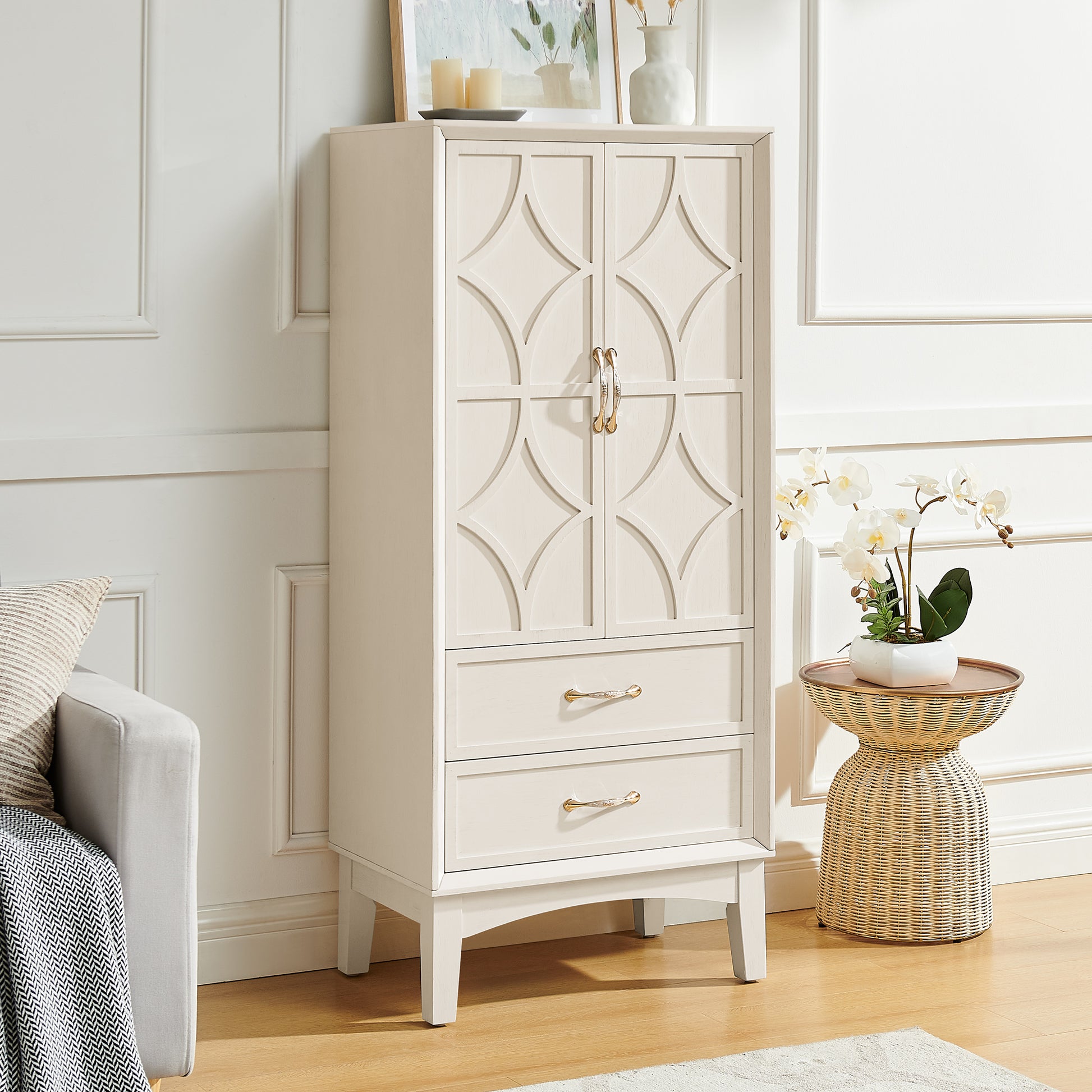 53.5" Tall Kitchen Pantry Storage Cabinet, Mid Century Modern Sideboard Buffet Cabinet, Retro Storage Cabinet with Doors and Drawers for Entryway Hallway Living Room Kitchen Garage, Antique White