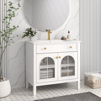 36" Medieval Bathroom Vanity - White MDF Glass Storage