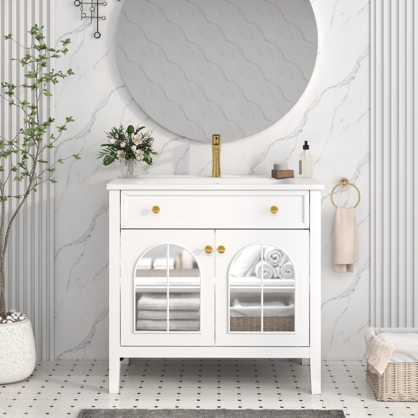 36" Medieval Bathroom Vanity - White MDF Glass Storage