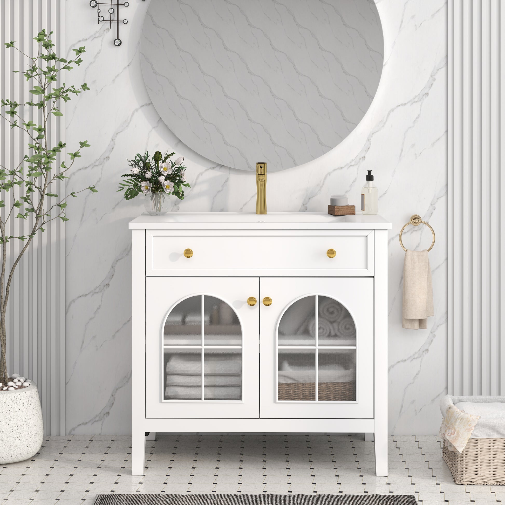 36" Medieval Bathroom Vanity - White MDF Glass Storage