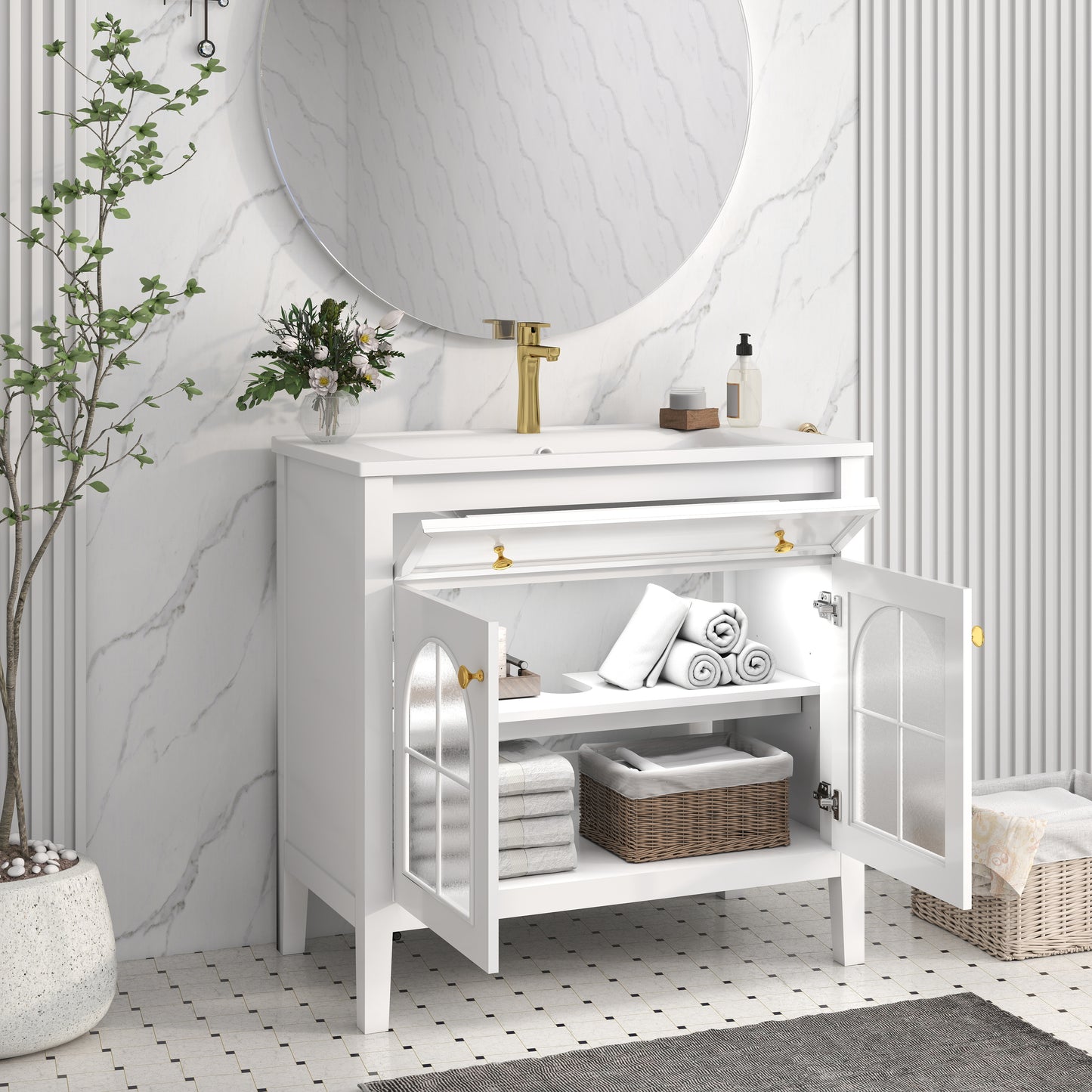 36" Medieval Bathroom Vanity - White MDF Glass Storage