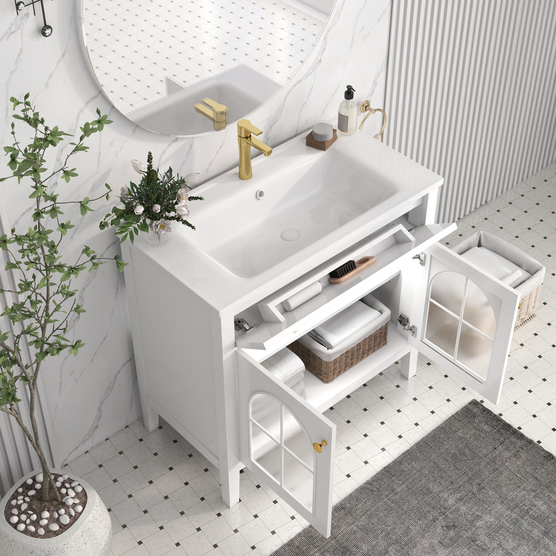 36" Medieval Bathroom Vanity - White MDF Glass Storage