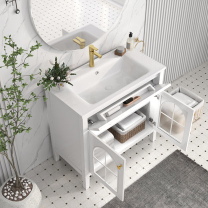 36" Medieval Bathroom Vanity - White MDF Glass Storage