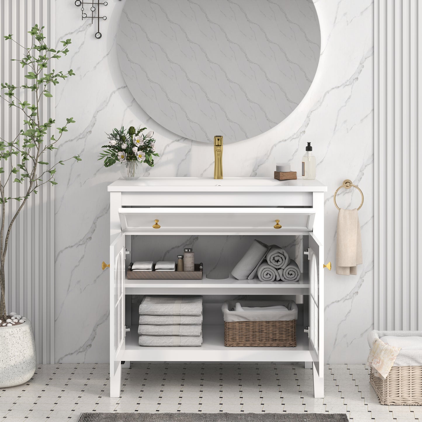 36" Medieval Bathroom Vanity - White MDF Glass Storage