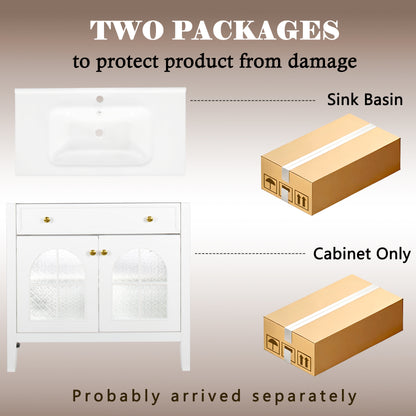36" Medieval Bathroom Vanity - White MDF Glass Storage
