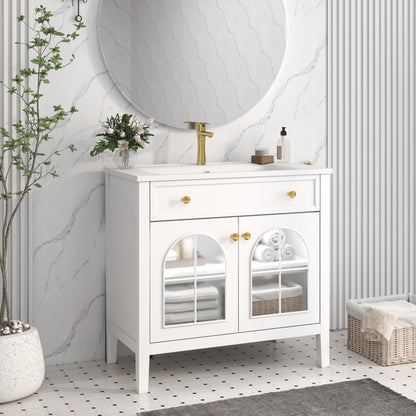 35.6" Mid-Century Bathroom Vanity Sink with Patterned Glass & Motion-sensor Light Strip, Farmhouse Freestanding Bathroom Vanity Sink with Storage, High-end Restroom Vanity Cabinet,White