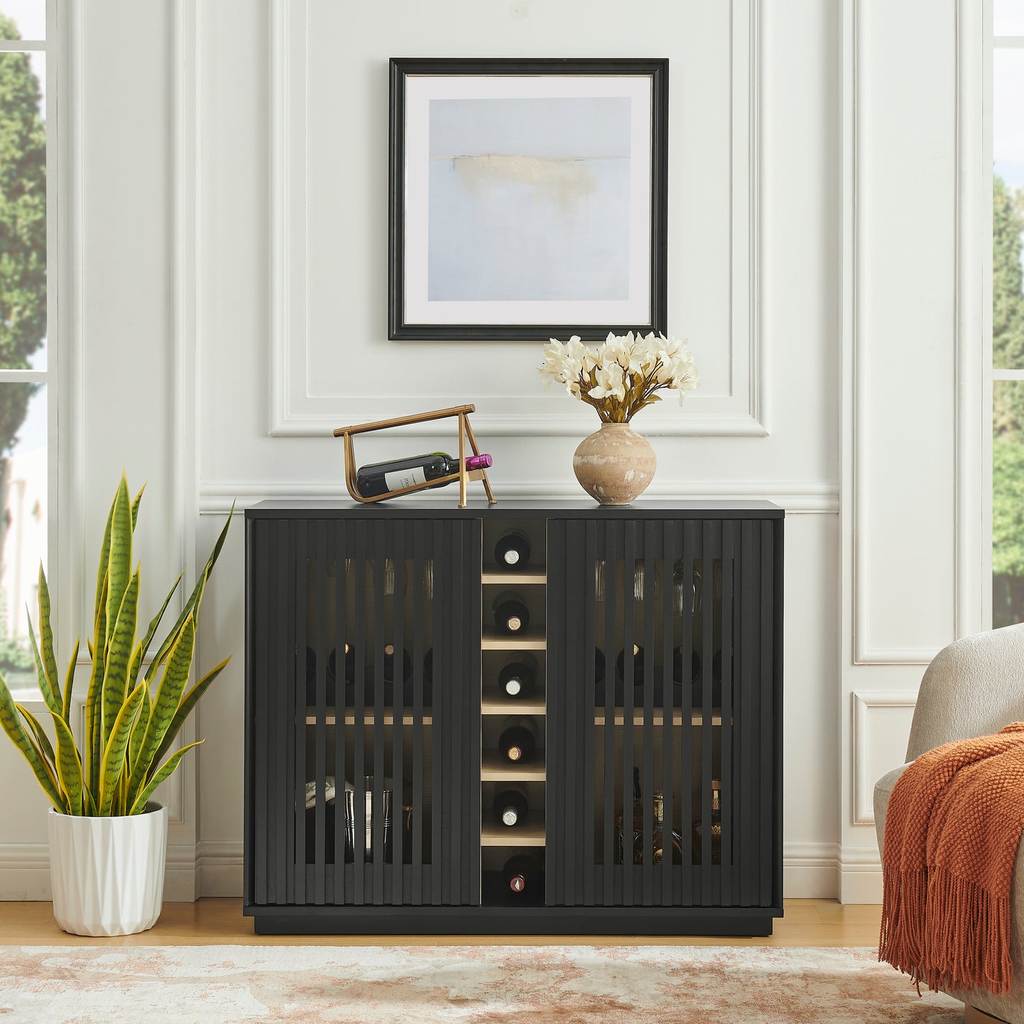 Mid-Century Modern Wine Cabinet - Black MDF Buffet Storage