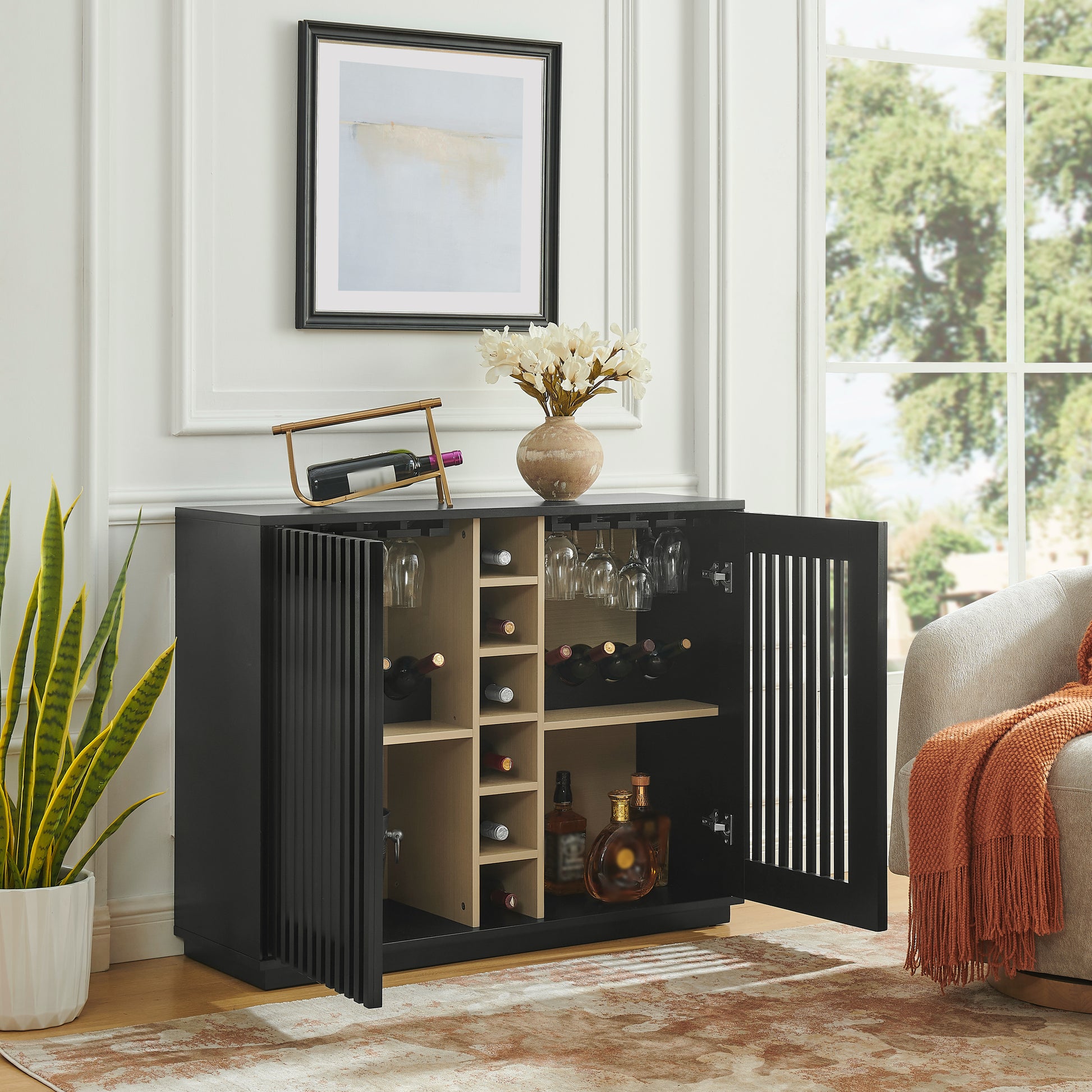 Mid-Century Modern Wine Cabinet - Black MDF Buffet Storage