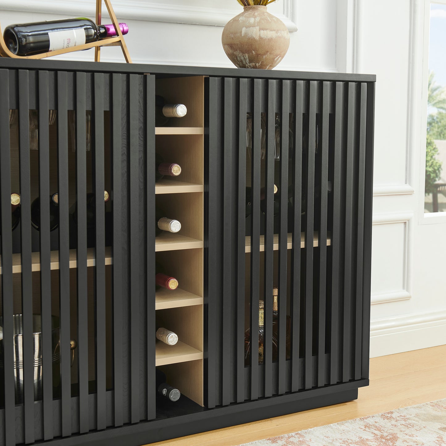 Mid-Century Modern Wine Cabinet - Black MDF Buffet Storage