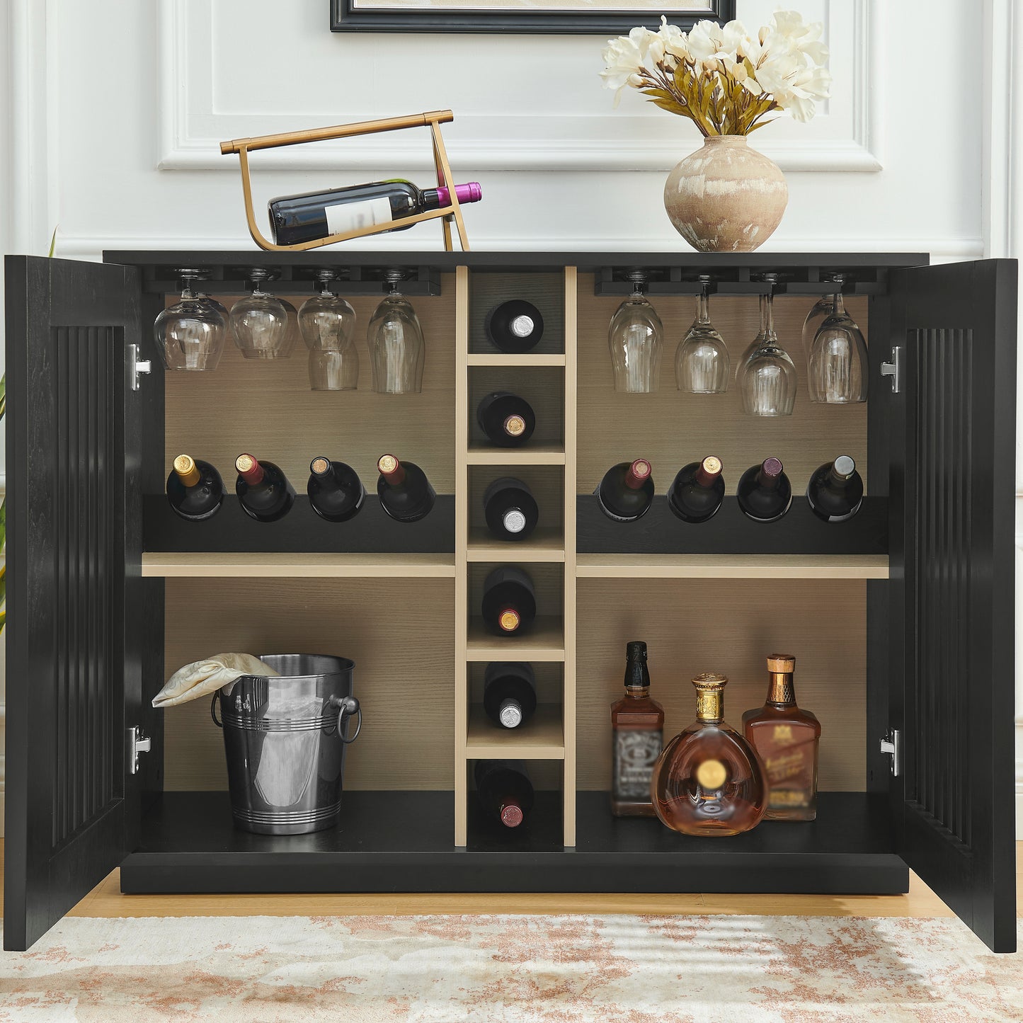 Mid-Century Modern Wine Cabinet - Black MDF Buffet Storage