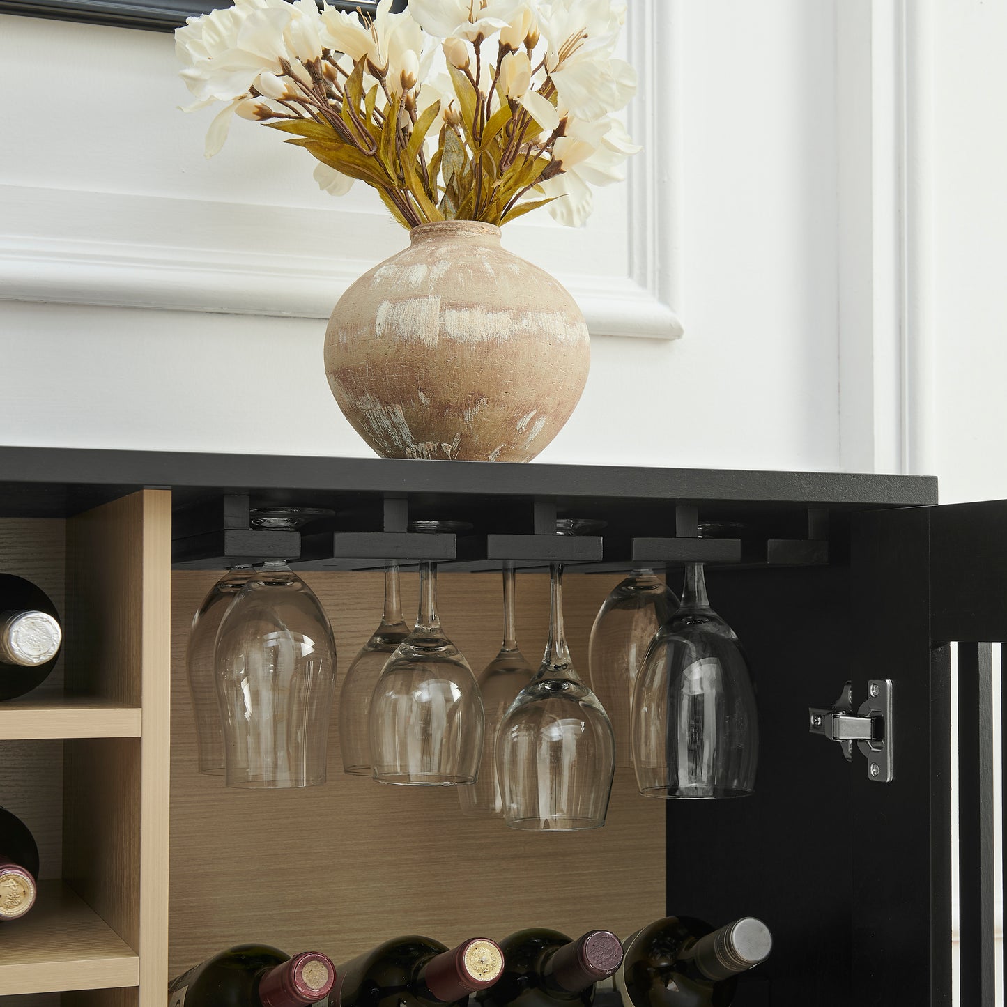 Mid-Century Modern Wine Cabinet - Black MDF Buffet Storage