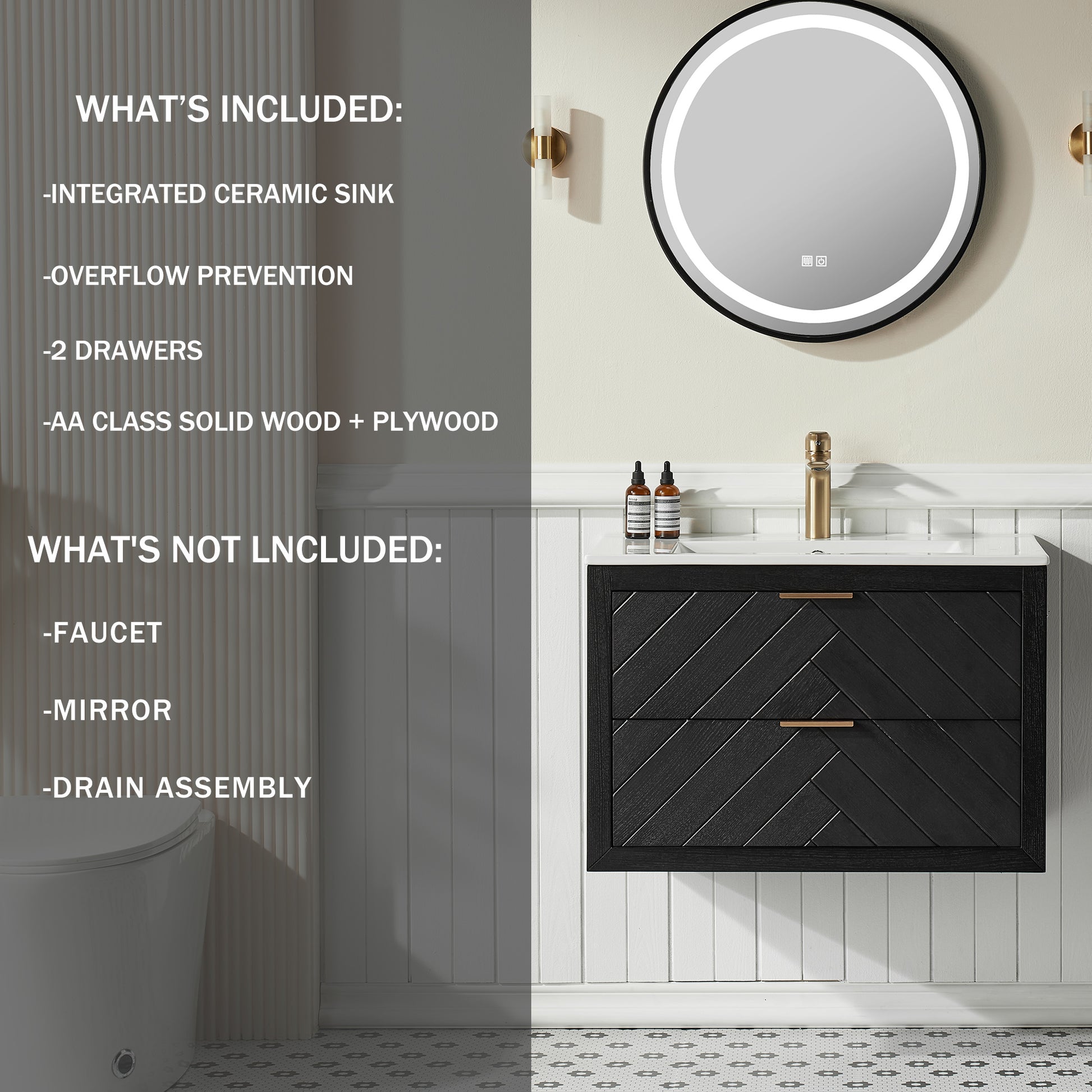 Black Wall Mounted Bathroom Vanity with Sink - 30 Inch