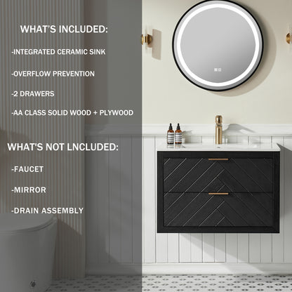 Black Wall Mounted Bathroom Vanity with Sink - 30 Inch