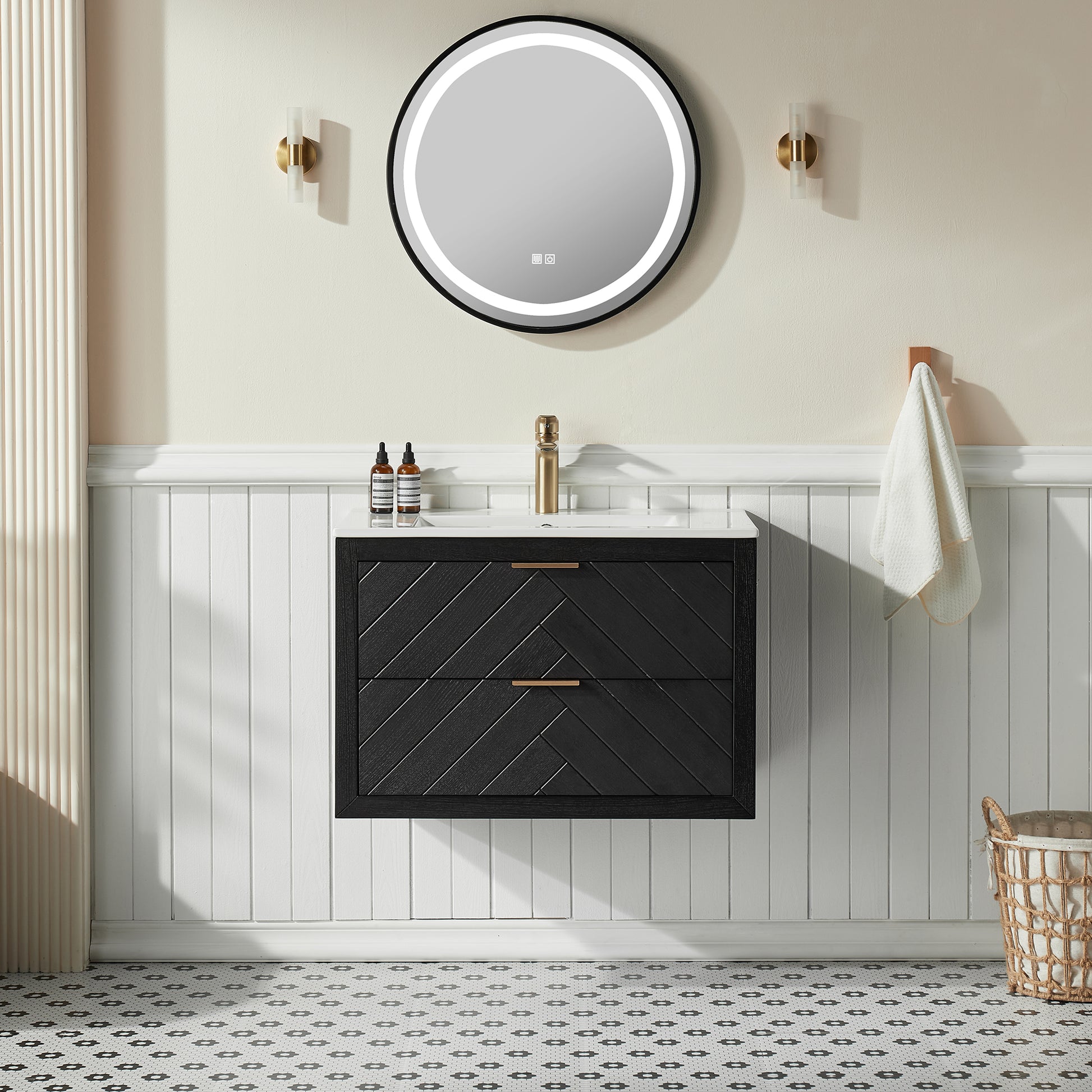 30" Black Wall Mounted & Floating Single Vanity with Ceramic Sink