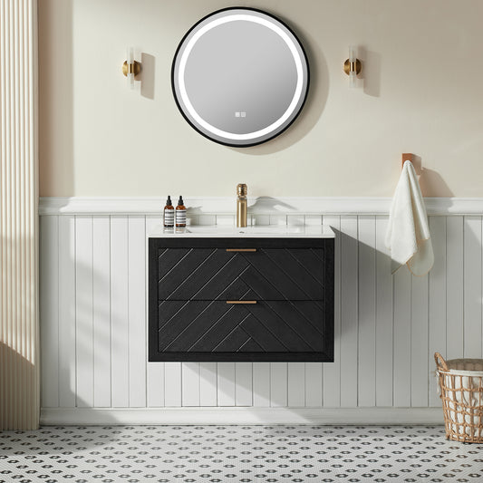 30" Black Wall Mounted & Floating Single Vanity with Ceramic Sink
