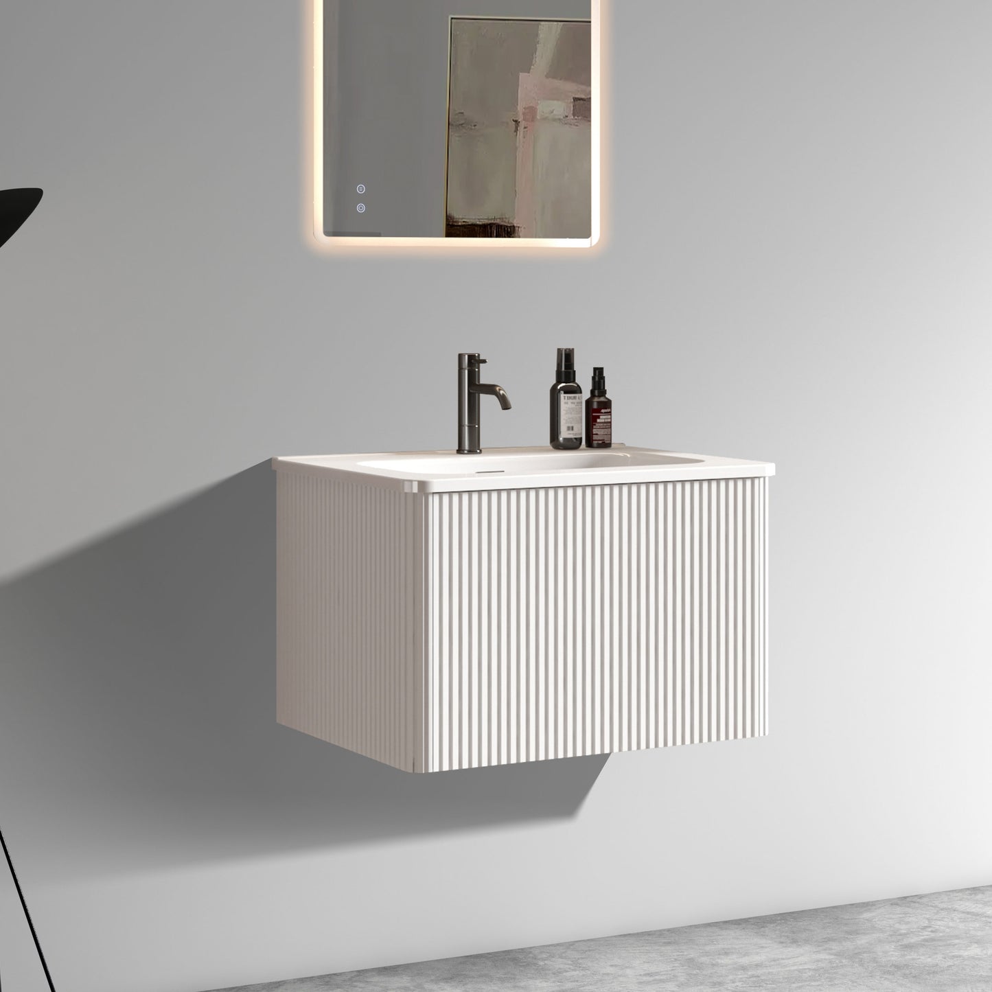 White Melamine Bathroom Vanity - 24" Striped Floating Sink