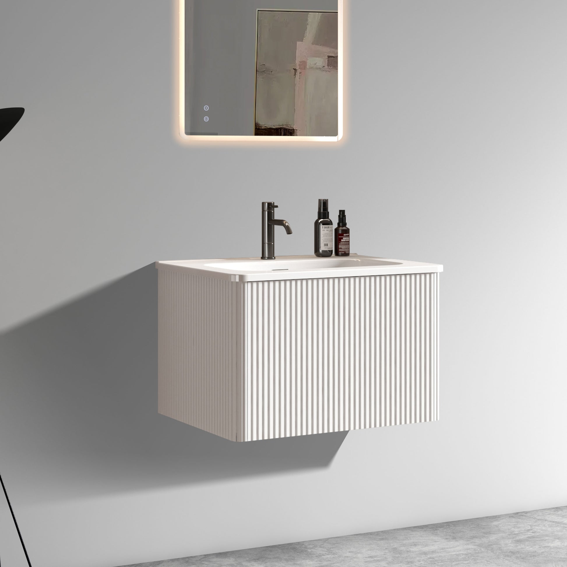White Melamine Bathroom Vanity - 24" Striped Floating Sink
