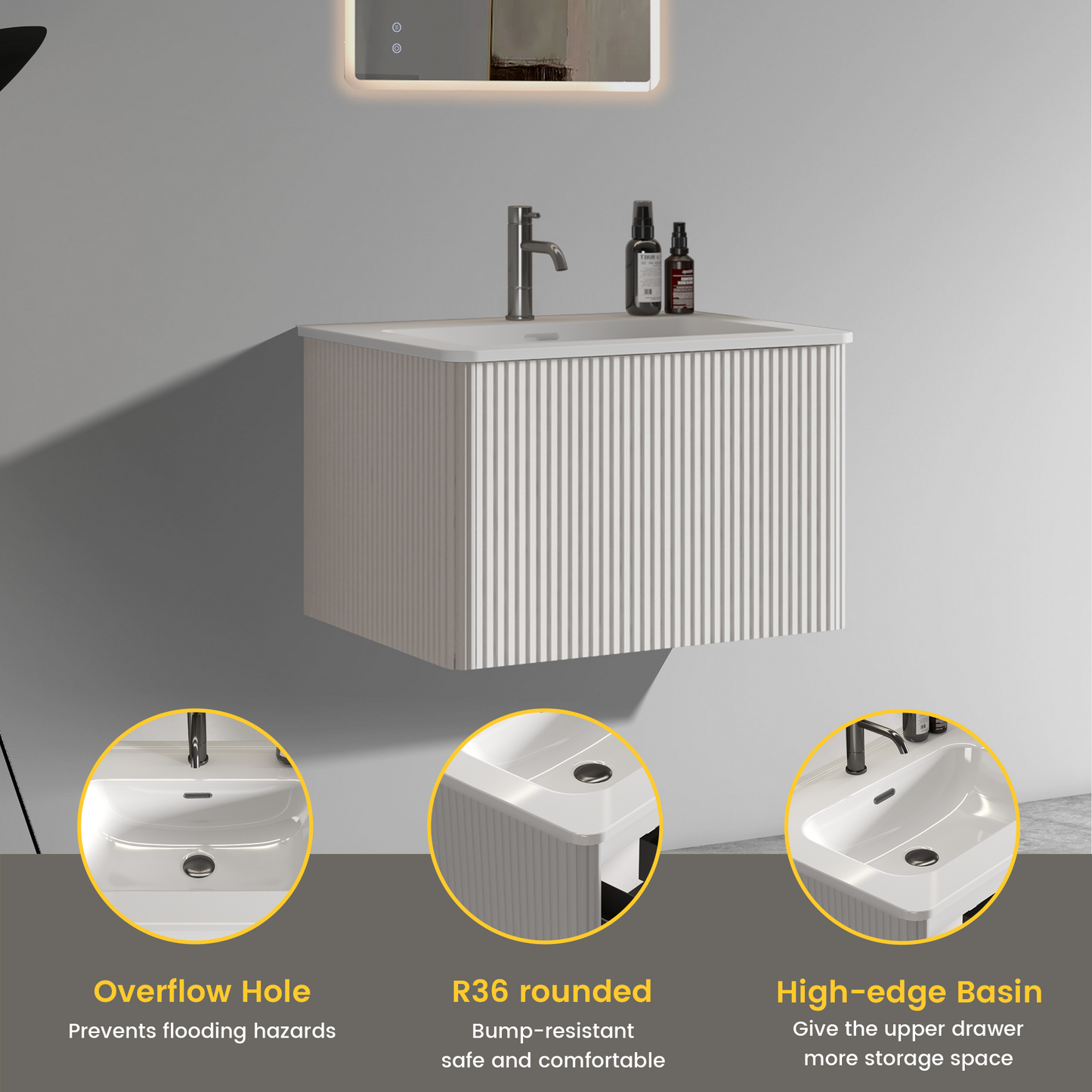 White Melamine Bathroom Vanity - 24" Striped Floating Sink