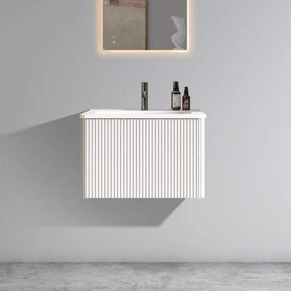 U059-Etna24W-301 Etna 24" Striped Soft White Bathroom Vanity with White Ceramic Sink, Wall Mounted Floating Bathroom Vanity for Modern Bathroom, One-Piece White Sink Basin without Drain, Pre-assembled