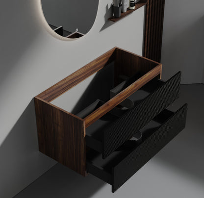 Walnut Black Bathroom Vanity - Wall Mounted Storage