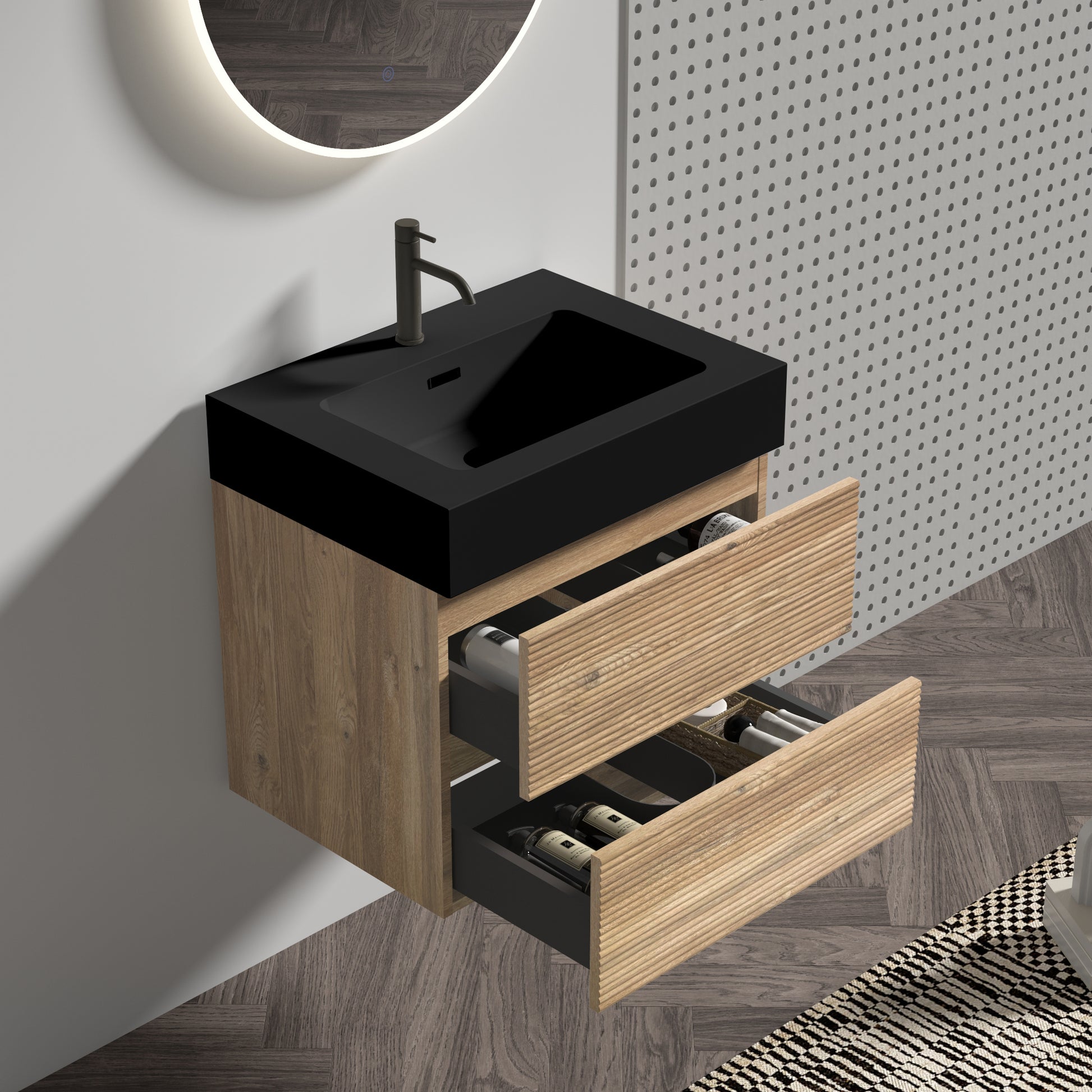 Oak Bathroom Vanity - Wall Mounted Storage