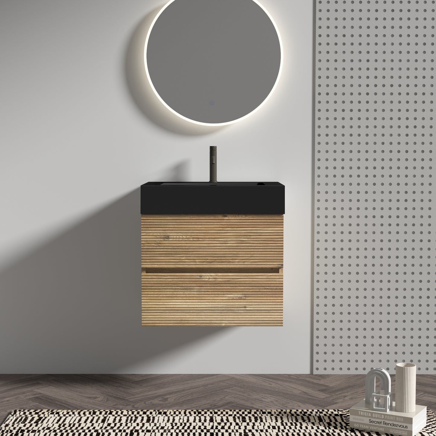 Grace 24' Bathroom Vanity with Oak Engineered Quartz Sink and Soft Black Drawers, Wall Mounted Floating Bathroom Vanity for Modern Bathroom, One-Piece Matt Black Basin without drainage and faucet, KD