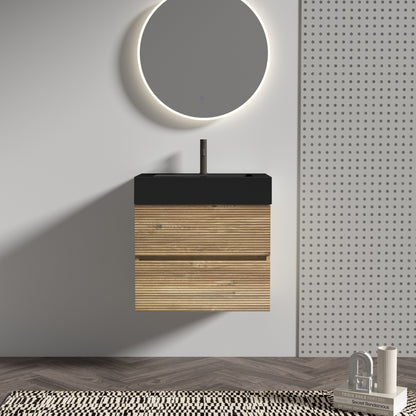 Grace 24' Bathroom Vanity with Oak Engineered Quartz Sink and Soft Black Drawers, Wall Mounted Floating Bathroom Vanity for Modern Bathroom, One-Piece Matt Black Basin without drainage and faucet, KD
