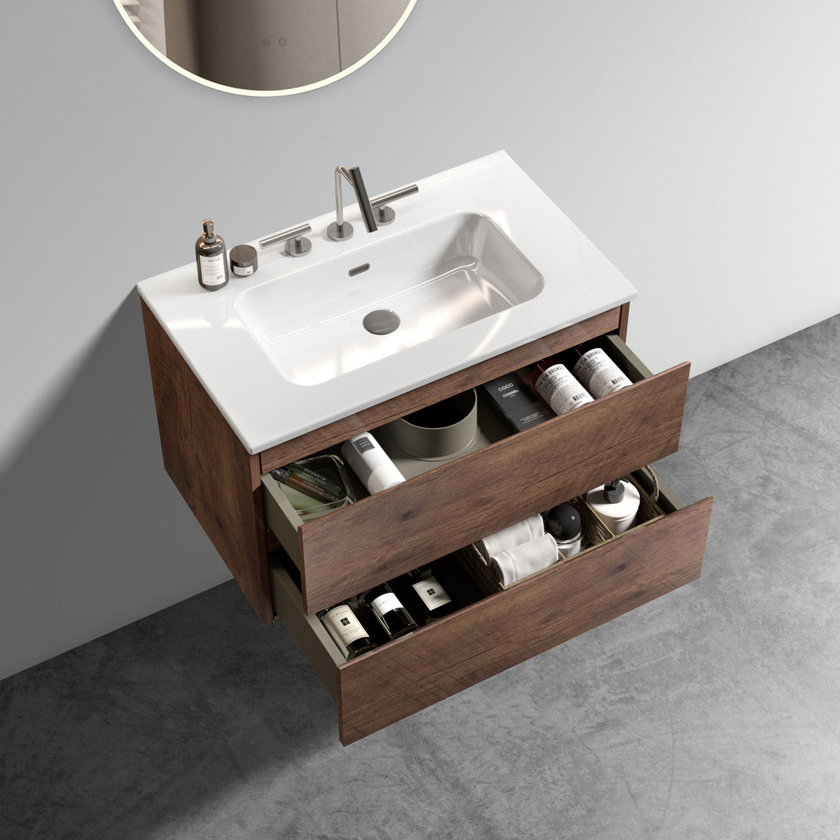 Walnut Bathroom Vanity - 30" Ceramic Sink Storage