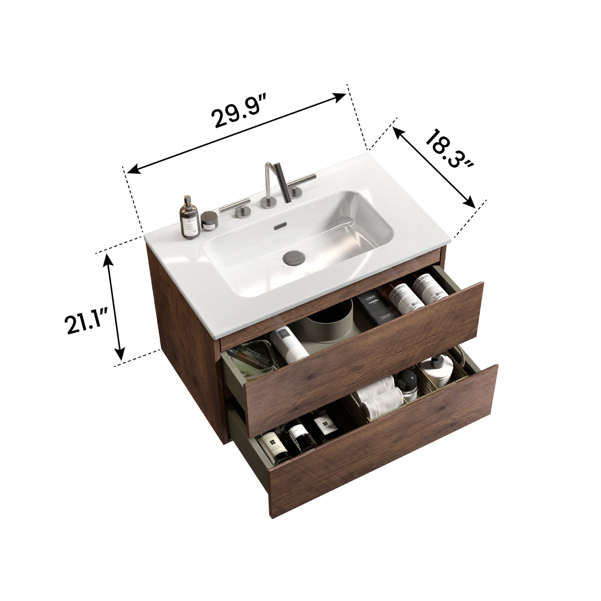 Walnut Bathroom Vanity - 30" Ceramic Sink Storage
