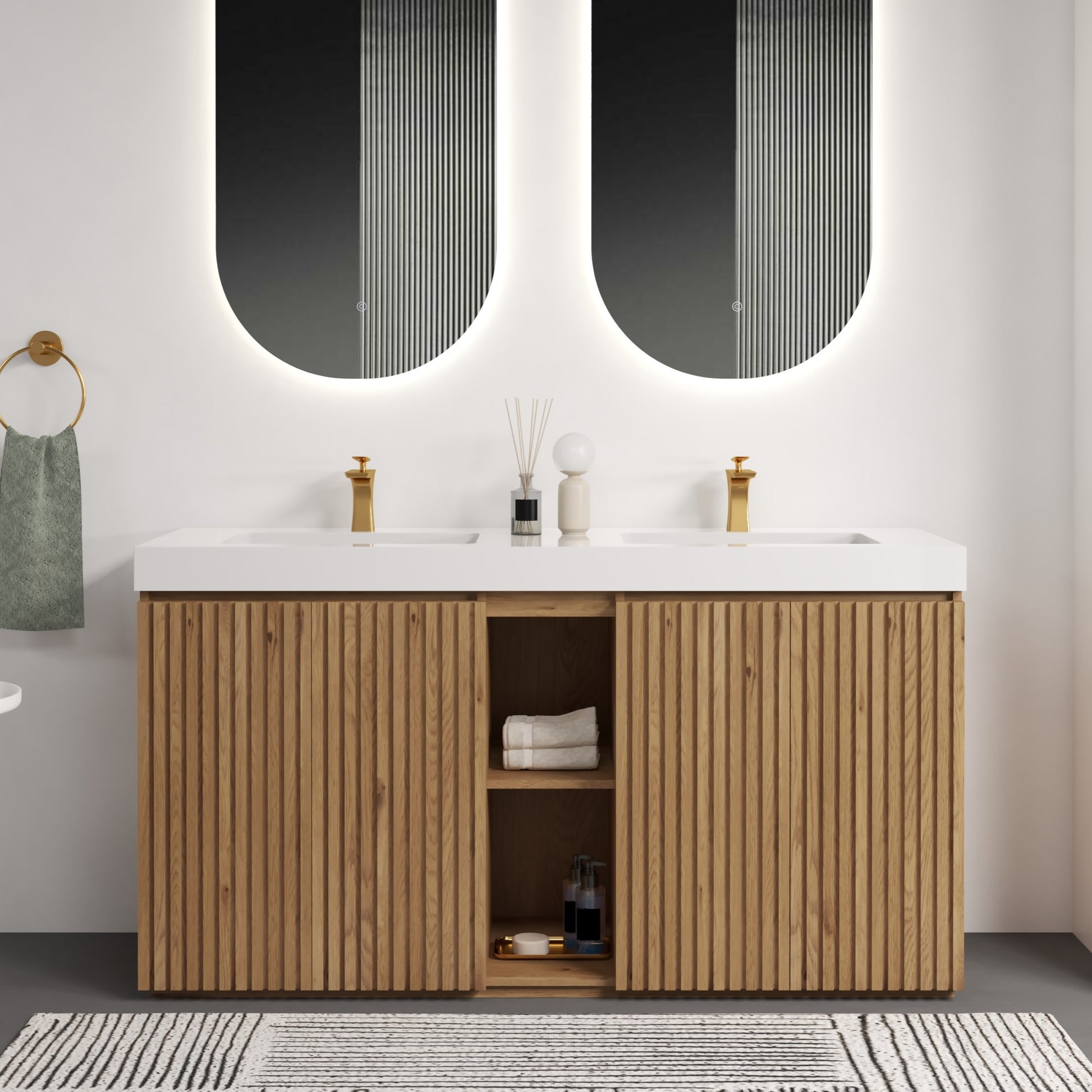 GALAN 60F" Knotty Oak Bathroom Vanity with Sink, Large Storage Freestanding Bathroom Vanity for Modern Bathroom, One-Piece White Quartz Double Sink Basin without Drain and Faucet, KD