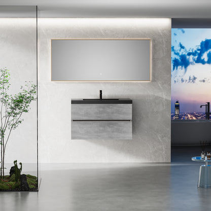 36" Floating Bathroom Vanity with Sink, Wall-Mounted Storage Vanity Cabinet with Black Quartz Sand Top Basin and Soft Close Drawers, Fully Assembled EDI-Series Cement Grey GF-24V12-36GR-W1573P155846