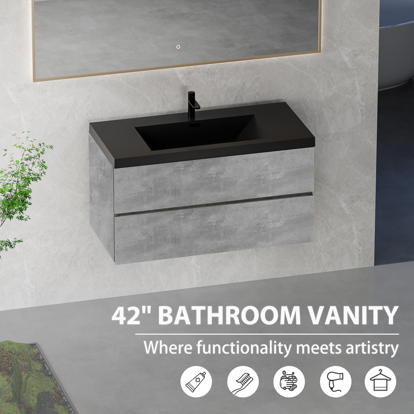 42" Floating Bathroom Vanity with Sink - Grey Plywood