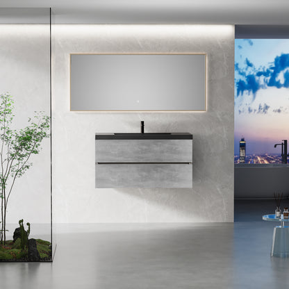42" Floating Bathroom Vanity with Sink, Wall-Mounted Storage Vanity Cabinet with Black Quartz Sand Top Basin and Soft Close Drawers Fully Assembled, EDI-Series Cement Grey GF-24V12-42GR-W1573P155847