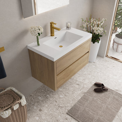 36" Wall-Mounted Bathroom Vanity with Sink, Floating Bathroom Storage Cabinet with Stone Resin Countertop and Soft Close Drawers, Fully Assembled Natural Oak GF-24V15-36NO-W1573P211185