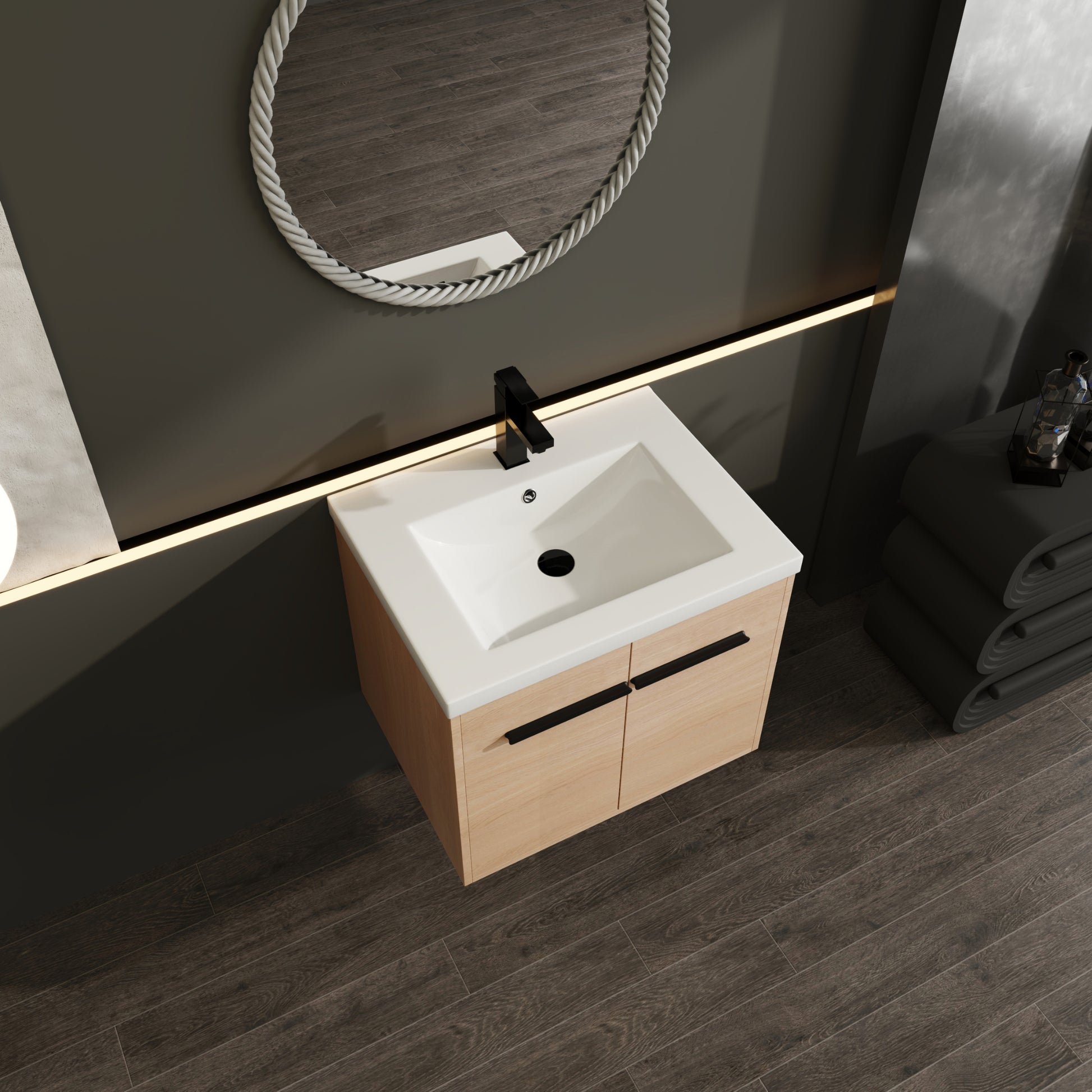 Natural Oak Wall Mounted Bathroom Vanity for Modern Renovation