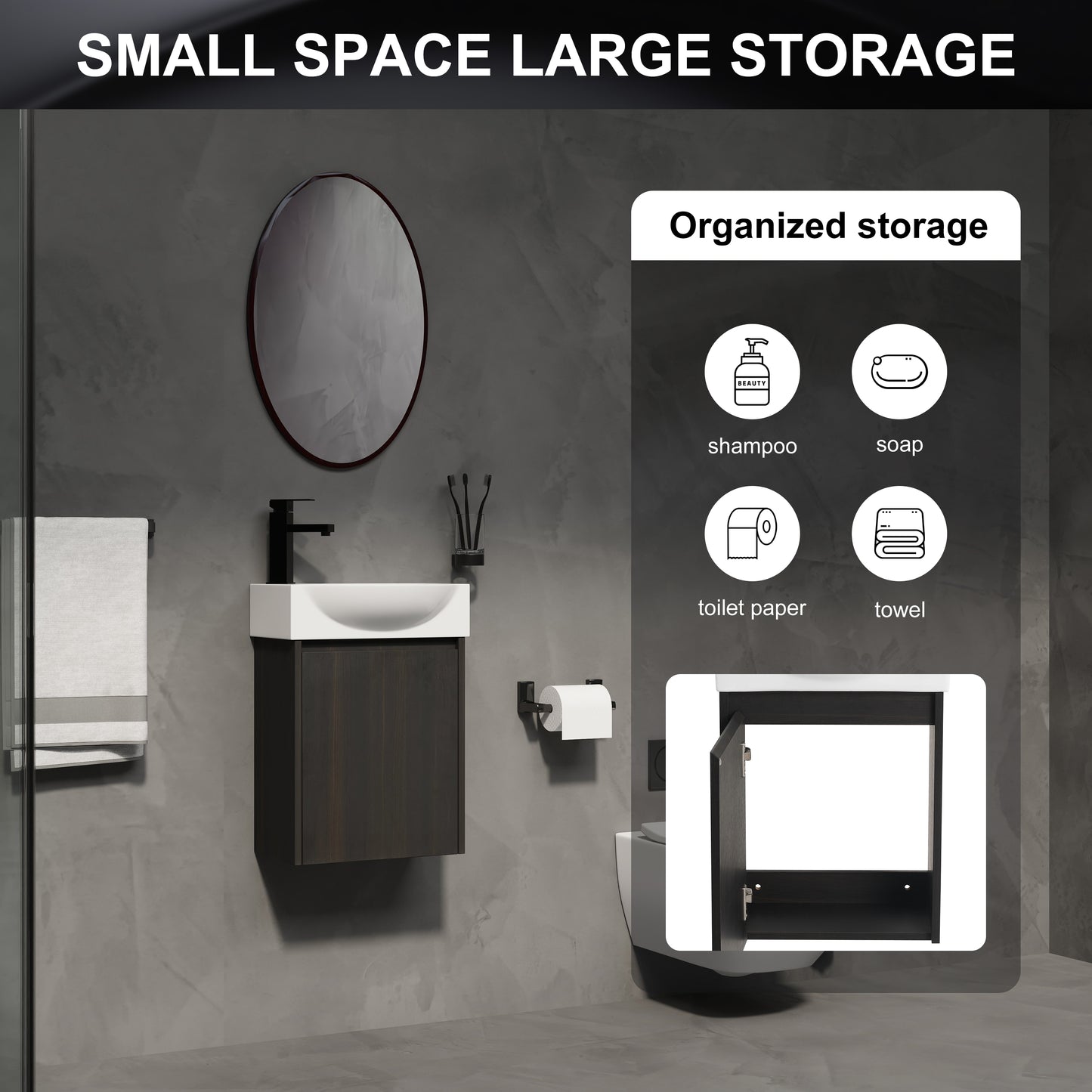 16" Black Bathroom Vanity Sink Combo - Small Space Storage