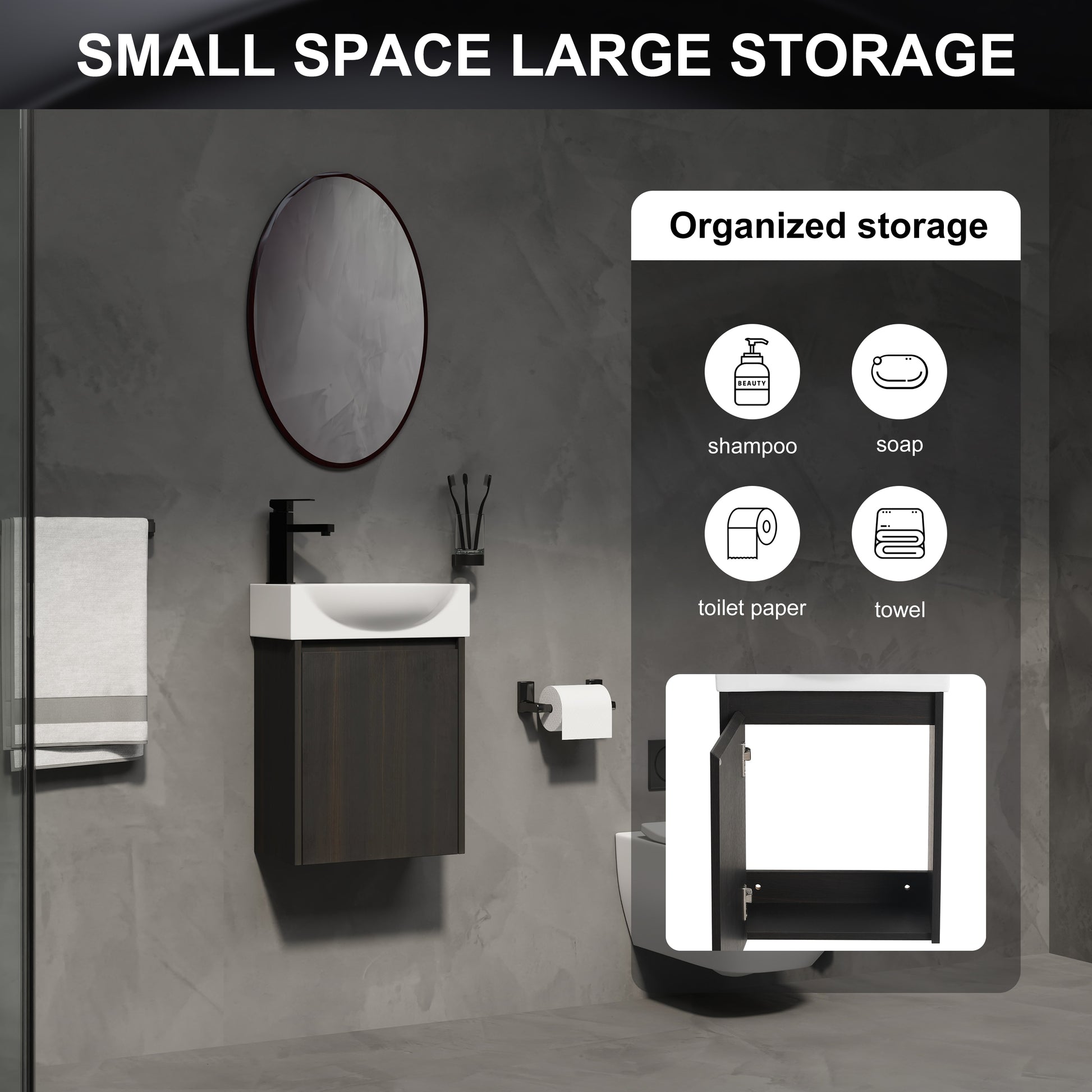 16" Black Bathroom Vanity Sink Combo - Small Space Storage